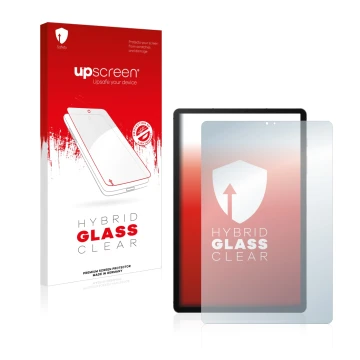 Vorderseite einer Produktverpackung mit dem Markenlogo upscreen. Daneben ist das Gerät Samsung Galaxy Tab S6 2020 mit dem zuge
