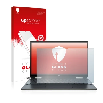 Vorderseite einer Produktverpackung mit dem Markenlogo upscreen. Daneben ist das Gerät HP Spectre x360 13-aw0000ns mit dem zug