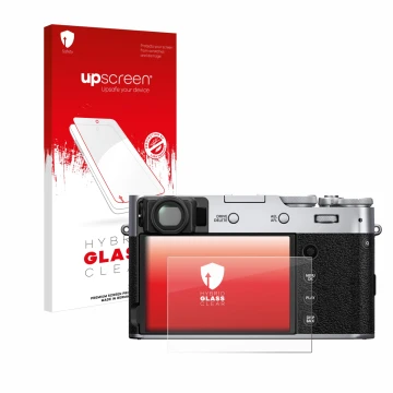 Vorderseite einer Produktverpackung mit dem Markenlogo upscreen. Daneben ist das Gerät Fujifilm X100V mit dem zugehörigen Disp