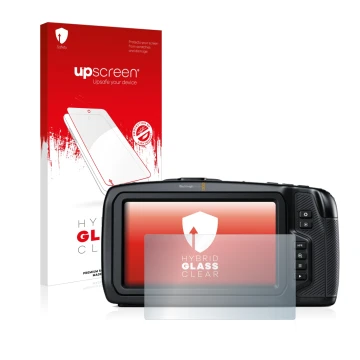 Vorderseite einer Produktverpackung mit dem Markenlogo upscreen. Daneben ist das Gerät Blackmagic Pocket Cinema Camera 6K mit 