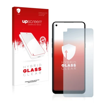 Vorderseite einer Produktverpackung mit dem Markenlogo upscreen. Daneben ist das Gerät LG K51S mit dem zugehörigen Displayschu
