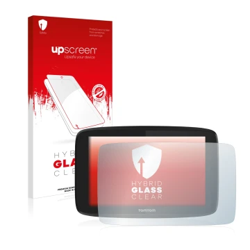 Vorderseite einer Produktverpackung mit dem Markenlogo upscreen. Daneben ist das Gerät TomTom Go Professional 6200 mit dem zug