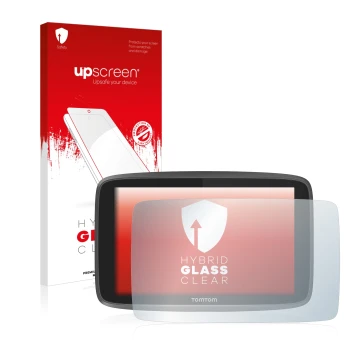 Vorderseite einer Produktverpackung mit dem Markenlogo upscreen. Daneben ist das Gerät TomTom Go Professional 6250 mit dem zug