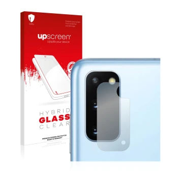 Vorderseite einer Produktverpackung mit dem Markenlogo upscreen. Daneben ist das Gerät Samsung Galaxy S20 5G (NUR Kameraschutz
