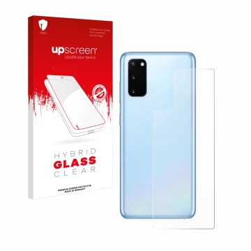 Vorderseite einer Produktverpackung mit dem Markenlogo upscreen. Daneben ist das Gerät Samsung Galaxy S20 5G (Rückseite) mit d