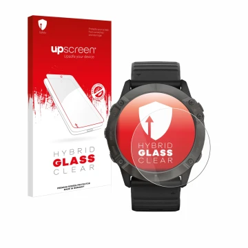 Vorderseite einer Produktverpackung mit dem Markenlogo upscreen. Daneben ist das Gerät Garmin Fenix 6X Pro Solar mit dem zugeh