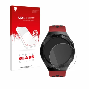Vorderseite einer Produktverpackung mit dem Markenlogo upscreen. Daneben ist das Gerät Huawei Watch GT 2e mit dem zugehörigen 