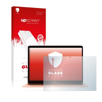 Vorderseite einer Produktverpackung mit dem Markenlogo upscreen. Daneben ist das Gerät Apple MacBook Air 13.3