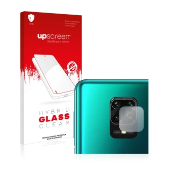 Vorderseite einer Produktverpackung mit dem Markenlogo upscreen. Daneben ist das Gerät Xiaomi Redmi Note 9S (NUR Kameraschutz)