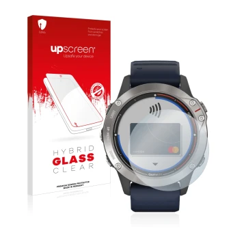 Vorderseite einer Produktverpackung mit dem Markenlogo upscreen. Daneben ist das Gerät Garmin quatix 6 mit dem zugehörigen Dis