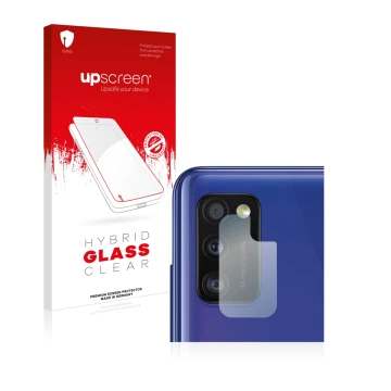 Vorderseite einer Produktverpackung mit dem Markenlogo upscreen. Daneben ist das Gerät Samsung Galaxy A41 (NUR Kameraschutz) m