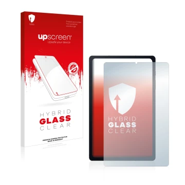 Vorderseite einer Produktverpackung mit dem Markenlogo upscreen. Daneben ist das Gerät Samsung Galaxy Tab S6 Lite 2020 mit dem