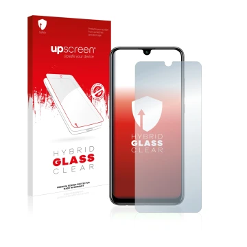 Vorderseite einer Produktverpackung mit dem Markenlogo upscreen. Daneben ist das Gerät Huawei P smart 2020 mit dem zugehörigen