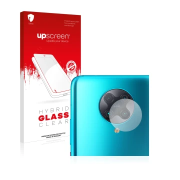 Vorderseite einer Produktverpackung mit dem Markenlogo upscreen. Daneben ist das Gerät Xiaomi Poco F2 Pro (NUR Kameraschutz) m