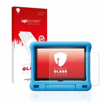 Vorderseite einer Produktverpackung mit dem Markenlogo upscreen. Daneben ist das Gerät Amazon Fire HD 8 Kids Edition 2020 (10.