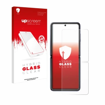 Vorderseite einer Produktverpackung mit dem Markenlogo upscreen. Daneben ist das Gerät Samsung Galaxy Z Flip 5G mit dem zugehö