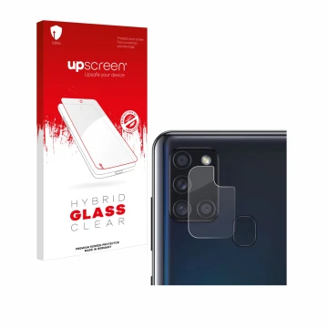 Vorderseite einer Produktverpackung mit dem Markenlogo upscreen. Daneben ist das Gerät Samsung Galaxy A21s (NUR Kameraschutz) 