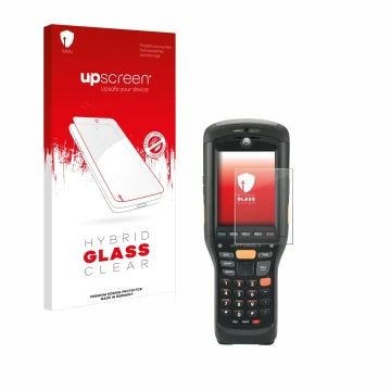 Vorderseite einer Produktverpackung mit dem Markenlogo upscreen. Daneben ist das Gerät Zebra MC9596 mit dem zugehörigen Displa