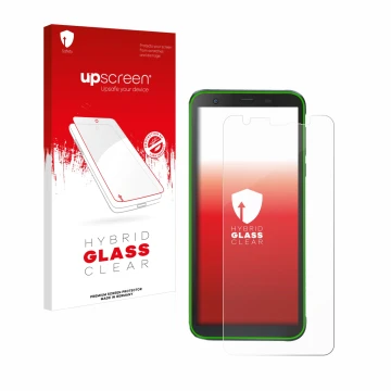 Vorderseite einer Produktverpackung mit dem Markenlogo upscreen. Daneben ist das Gerät Blackview BV6300 Pro mit dem zugehörige