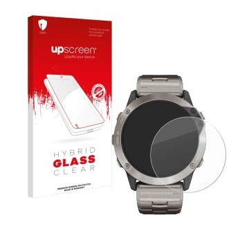 Vorderseite einer Produktverpackung mit dem Markenlogo upscreen. Daneben ist das Gerät Garmin quatix 6x Solar mit dem zugehöri