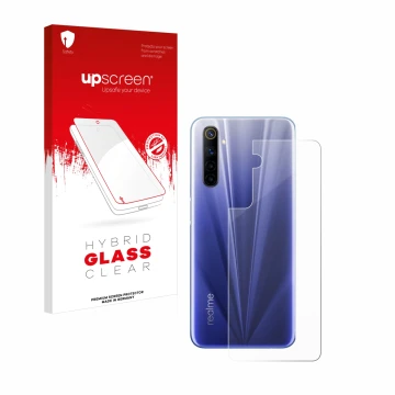 Vorderseite einer Produktverpackung mit dem Markenlogo upscreen. Daneben ist das Gerät realme 6 (Rückseite) mit dem zugehörige