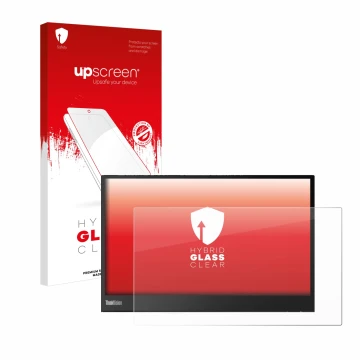 Vorderseite einer Produktverpackung mit dem Markenlogo upscreen. Daneben ist das Gerät Lenovo ThinkVision M14 16:9 mit dem zug