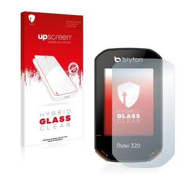 Vorderseite einer Produktverpackung mit dem Markenlogo upscreen. Daneben ist das Gerät Bryton Rider 320 mit dem zugehörigen Di