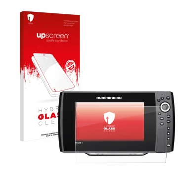 Vorderseite einer Produktverpackung mit dem Markenlogo upscreen. Daneben ist das Gerät Humminbird Helix 9 G2N mit dem zugehöri