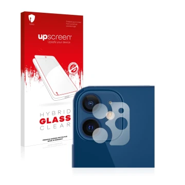 Vorderseite einer Produktverpackung mit dem Markenlogo upscreen. Daneben ist das Gerät Apple iPhone 12 (NUR Kameraschutz) mit 