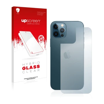 Vorderseite einer Produktverpackung mit dem Markenlogo upscreen. Daneben ist das Gerät Apple iPhone 12 Pro (Rückseite) mit dem