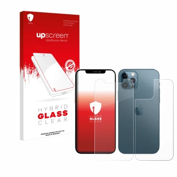 Vorderseite einer Produktverpackung mit dem Markenlogo upscreen. Daneben ist das Gerät Apple iPhone 12 Pro (Display+Rückseite)