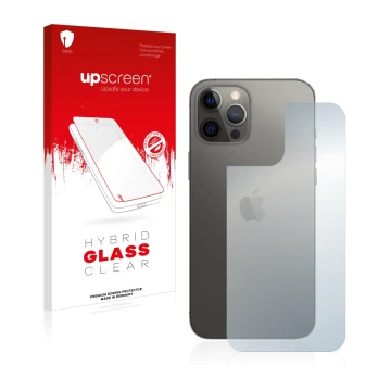 Vorderseite einer Produktverpackung mit dem Markenlogo upscreen. Daneben ist das Gerät Apple iPhone 12 Pro Max (Rückseite) mit