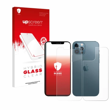 Vorderseite einer Produktverpackung mit dem Markenlogo upscreen. Daneben ist das Gerät Apple iPhone 12 Pro Max (Display+Rückse