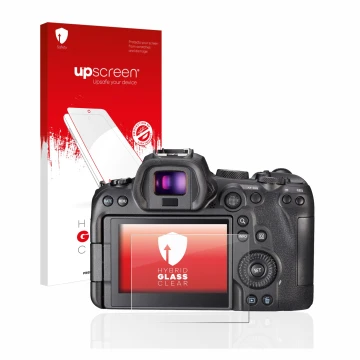 Vorderseite einer Produktverpackung mit dem Markenlogo upscreen. Daneben ist das Gerät Canon EOS R6 mit dem zugehörigen Displa