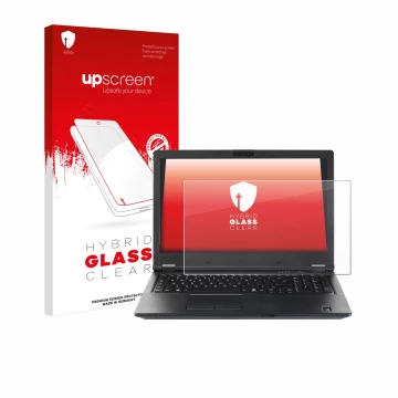 Vorderseite einer Produktverpackung mit dem Markenlogo upscreen. Daneben ist das Gerät Fujitsu Lifebook E5510 mit dem zugehöri