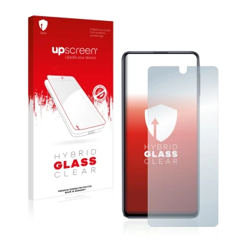 Vorderseite einer Produktverpackung mit dem Markenlogo upscreen. Daneben ist das Gerät Samsung Galaxy M31s mit dem zugehörigen
