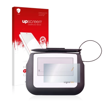 Vorderseite einer Produktverpackung mit dem Markenlogo upscreen. Daneben ist das Gerät Signotec Signature Sigma Lite mit dem z