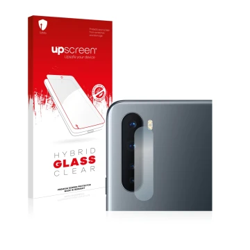 Vorderseite einer Produktverpackung mit dem Markenlogo upscreen. Daneben ist das Gerät OnePlus Nord (NUR Kameraschutz) mit dem