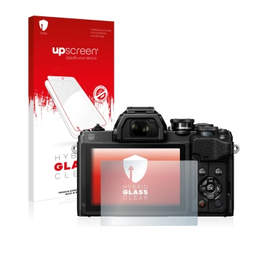 Vorderseite einer Produktverpackung mit dem Markenlogo upscreen. Daneben ist das Gerät Olympus OM-D E-M10 Mark IV mit dem zuge