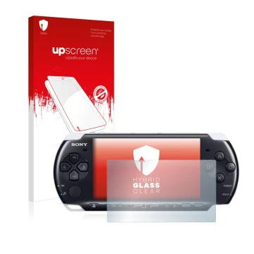 Vorderseite einer Produktverpackung mit dem Markenlogo upscreen. Daneben ist das Gerät Sony PSP 3003 mit dem zugehörigen Displ