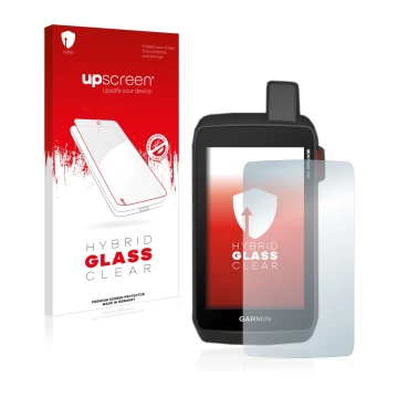 Vorderseite einer Produktverpackung mit dem Markenlogo upscreen. Daneben ist das Gerät Garmin Montana 750i mit dem zugehörigen