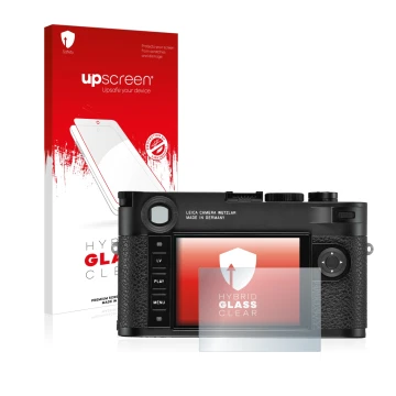 Vorderseite einer Produktverpackung mit dem Markenlogo upscreen. Daneben ist das Gerät Leica M10-R mit dem zugehörigen Display