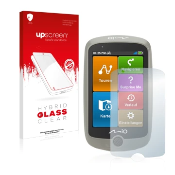 Vorderseite einer Produktverpackung mit dem Markenlogo upscreen. Daneben ist das Gerät Mitac Mio Cyclo Discover mit dem zugehö