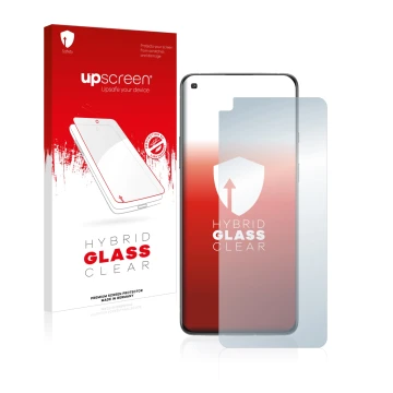 Vorderseite einer Produktverpackung mit dem Markenlogo upscreen. Daneben ist das Gerät OnePlus 8T mit dem zugehörigen Displays