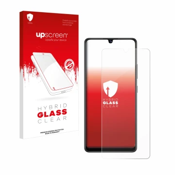 Vorderseite einer Produktverpackung mit dem Markenlogo upscreen. Daneben ist das Gerät Samsung Galaxy A42 5G mit dem zugehörig