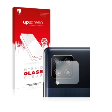Vorderseite einer Produktverpackung mit dem Markenlogo upscreen. Daneben ist das Gerät Samsung Galaxy A42 5G (NUR Kameraschutz