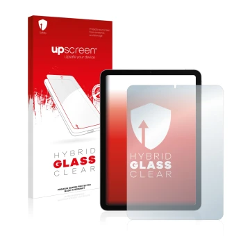 Vorderseite einer Produktverpackung mit dem Markenlogo upscreen. Daneben ist das Gerät Apple iPad Air 4 2020 (4. Gen.) mit dem