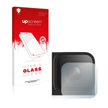 Vorderseite einer Produktverpackung mit dem Markenlogo upscreen. Daneben ist das Gerät GoPro Hero 9 Black (Linse) mit dem zuge
