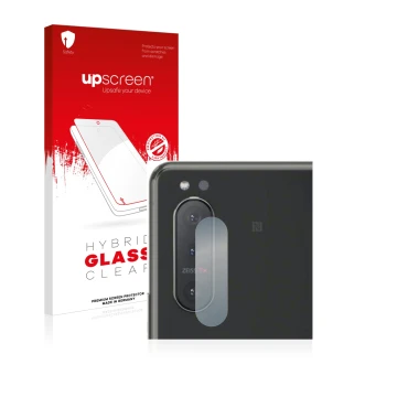 Vorderseite einer Produktverpackung mit dem Markenlogo upscreen. Daneben ist das Gerät Sony Xperia 5 II (NUR Kameraschutz) mit