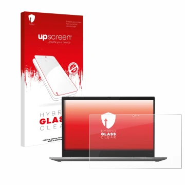 Vorderseite einer Produktverpackung mit dem Markenlogo upscreen. Daneben ist das Gerät Lenovo ThinkPad X1 Yoga (5. Gen.) mit d